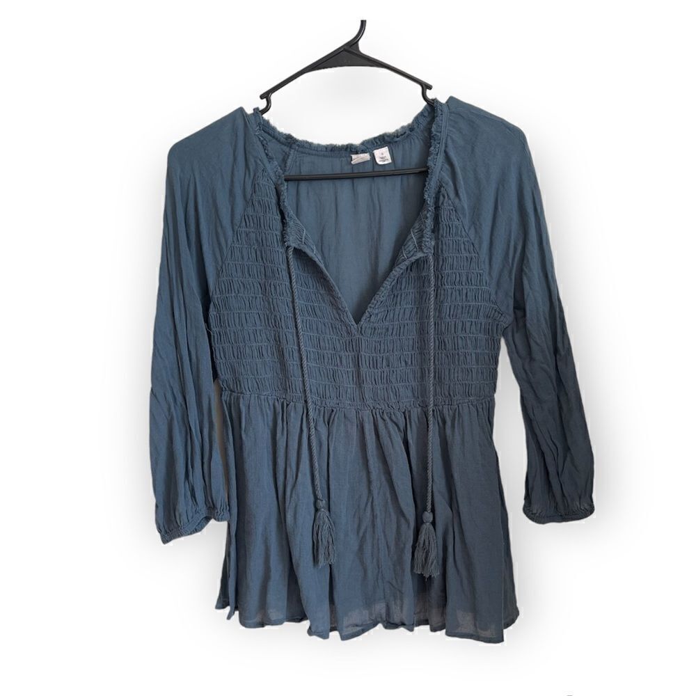 Melrose and Market Blue Smocked Peasant Tassel Top Small